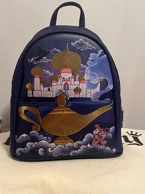 Loungefly Navy Blue Gold Aladdin Genie's Lamp Mini Backpack NWT